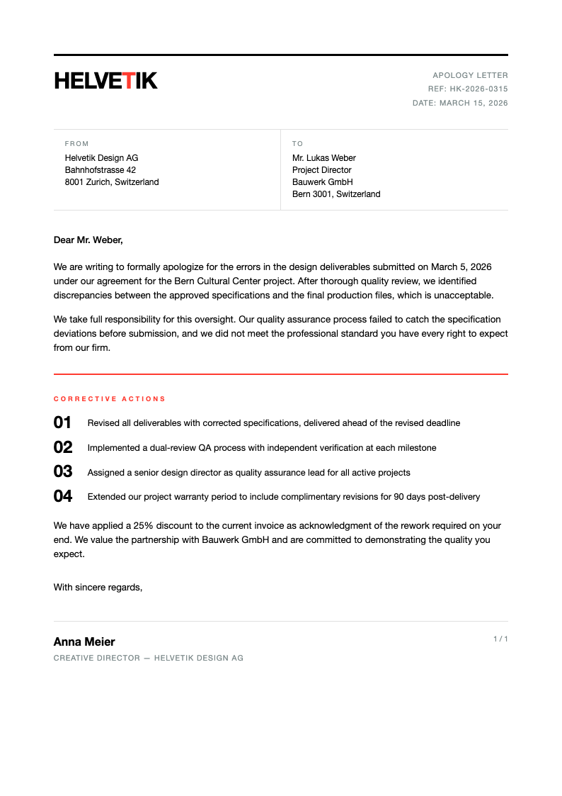 Swiss international apology letter